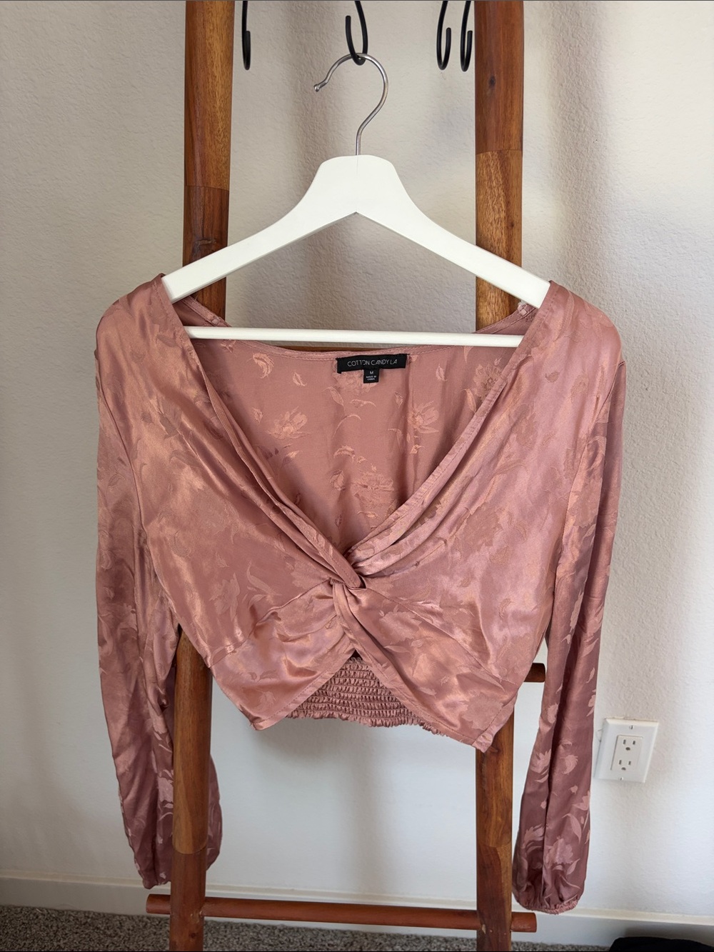 Cotton Candy Dusty Rose Satin Twist-Front Long Sleeve Blouse